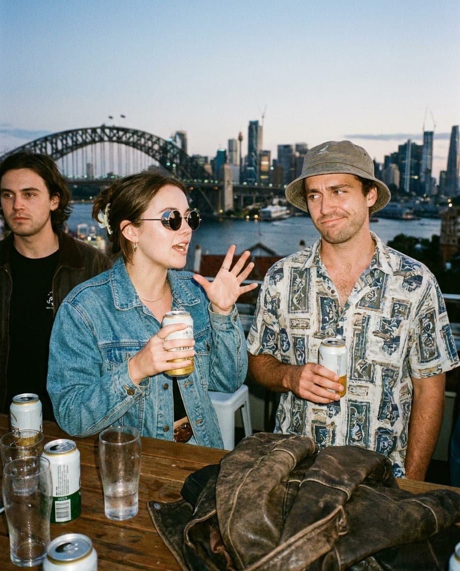 Friends talking at a rooftop party with the Harbour Bridge behind