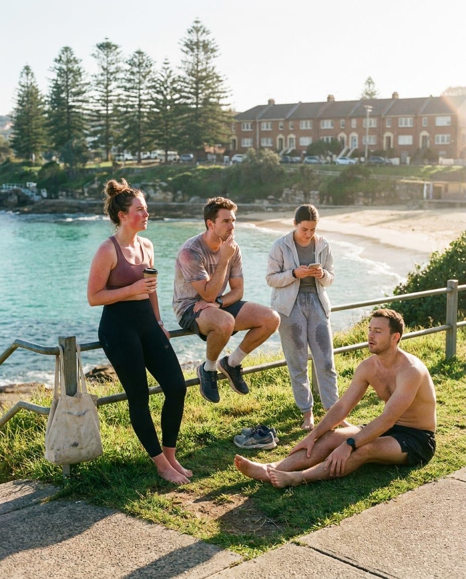 A run club regrouping by the beach after a Saturday morning run